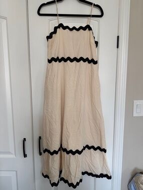 Beige Spaghetti Strap Maxi Dress with Black Trim